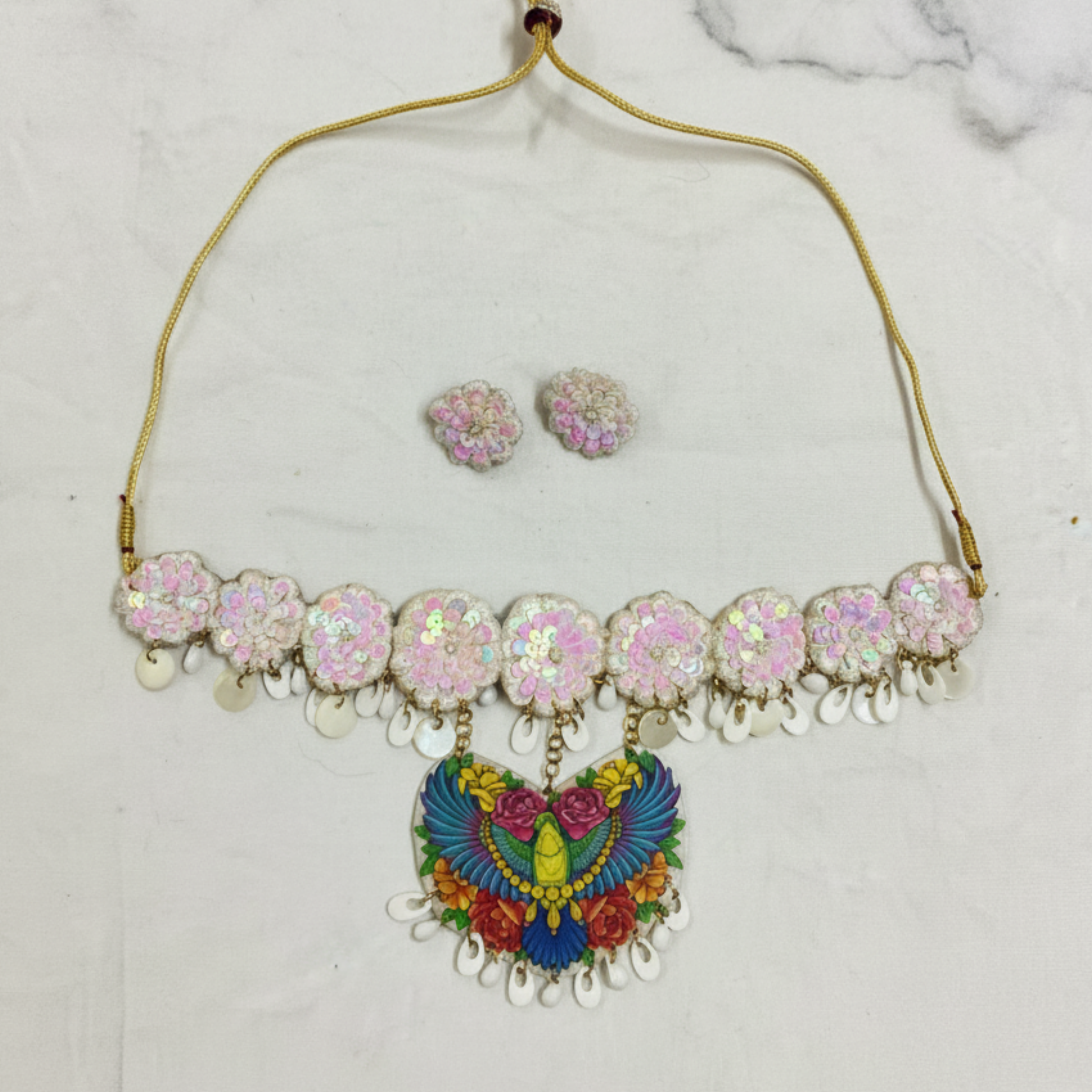 Peacock Motif Pearl Strand Necklace Set - Image 2