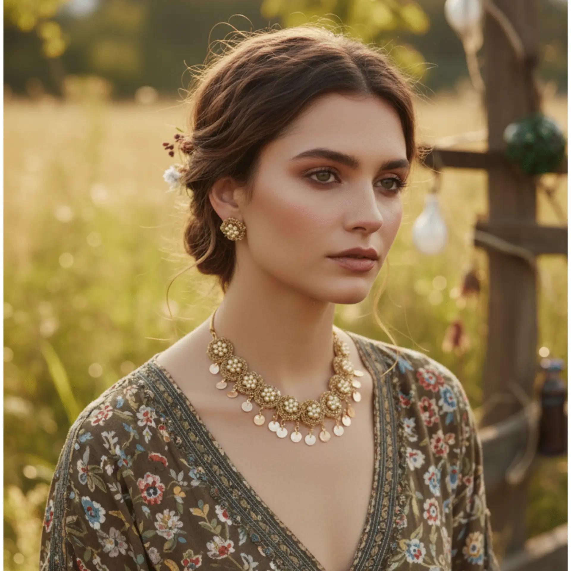 Golden Pearl Cluster Necklace & Earring Set