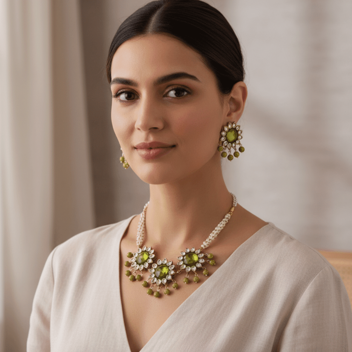 Green Kundan Chandelier Necklace & Earring Set - Image 2
